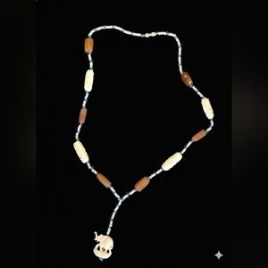 22.5" Beaded Boho Elephant Necklace with Glass & Stone & Hand Carved Bone Beads